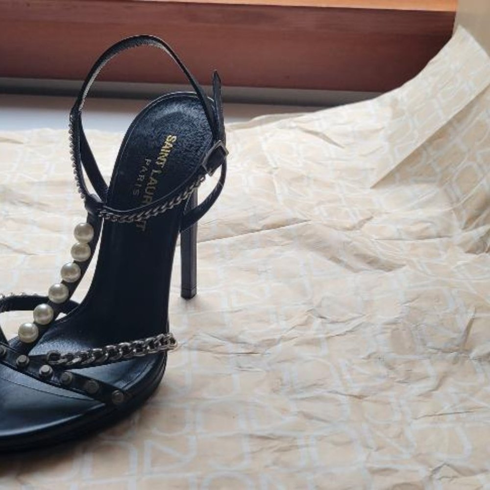 Saint Laurent Stiletto Sandals with chains, pearls and studs.